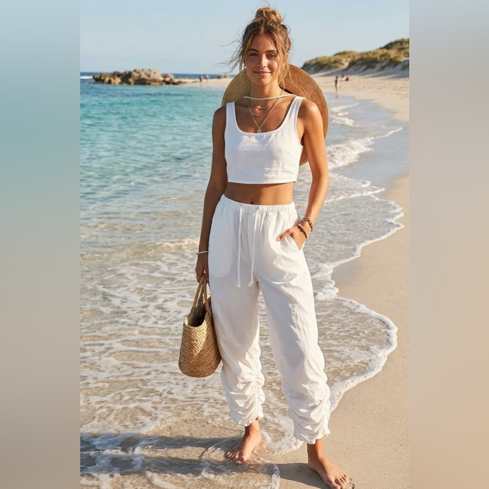 Free People White Ruched Hem Drawstring Joggers